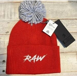 NWT Red/Brick Rawgear Beanie with Gray Pom Pom One Size